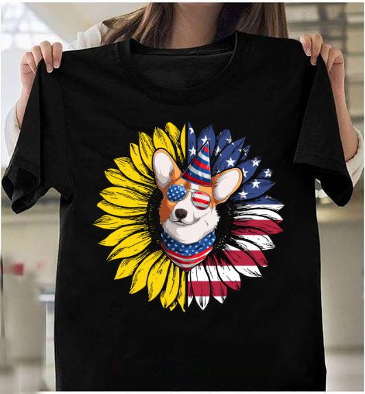 4th Of July Shirt, Corgi Dogs Patriotic American Flag Shirt, Funny Corgi And Sunflower T-Shirt