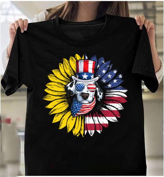 4th Of July Shirt, Dalmatian Dogs Patriotic American Flag Shirt, Funny Dalmatian And Sunflower T-Shirt