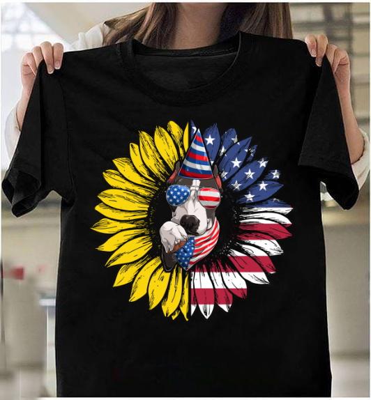 4th Of July Shirt, Pitbull Dogs Patriotic American Flag Shirt, Funny Pitbull And Sunflower T-shirt