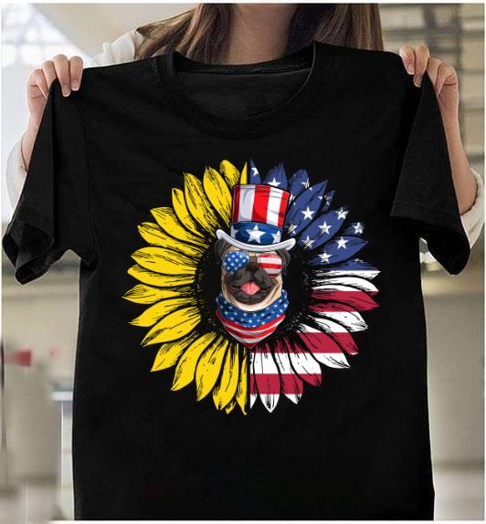 4th Of July Shirt, Pug Dogs Patriotic American Flag Shirt, Funny Pug And Sunflower T-Shirt