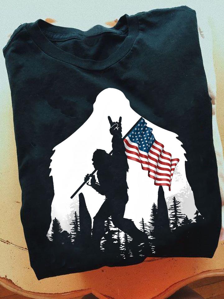 Bigfoot Rock And Roll USA Flag in The Forest T-Shirt