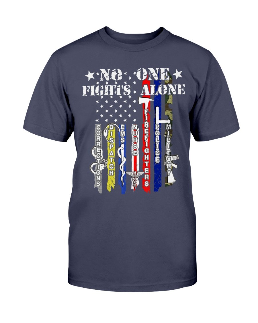 No One Fights Alone Shirt USA Flag Veterans Army Police T-Shirt 1 