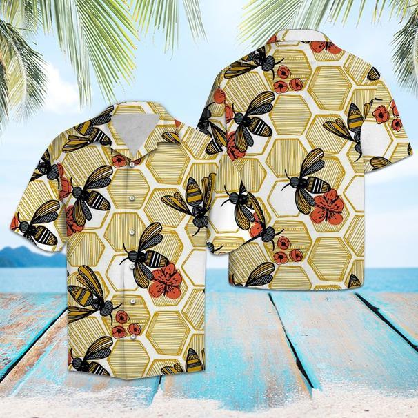 Honey Bee Hexagon Hawaiian Shirt Pre10567