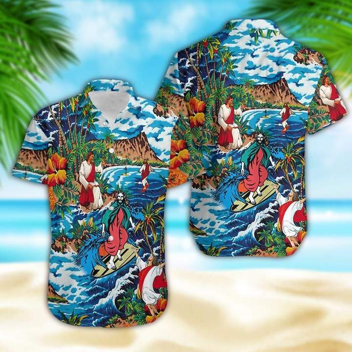 Jesus Surfing On Island Hawaiian Shirt Pre11512