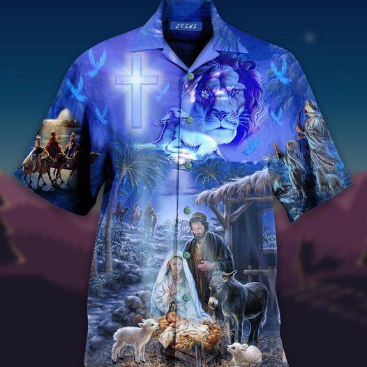 Lion With Jesus Was Born In Farm Blue Hawaiian Shirt Pre12700