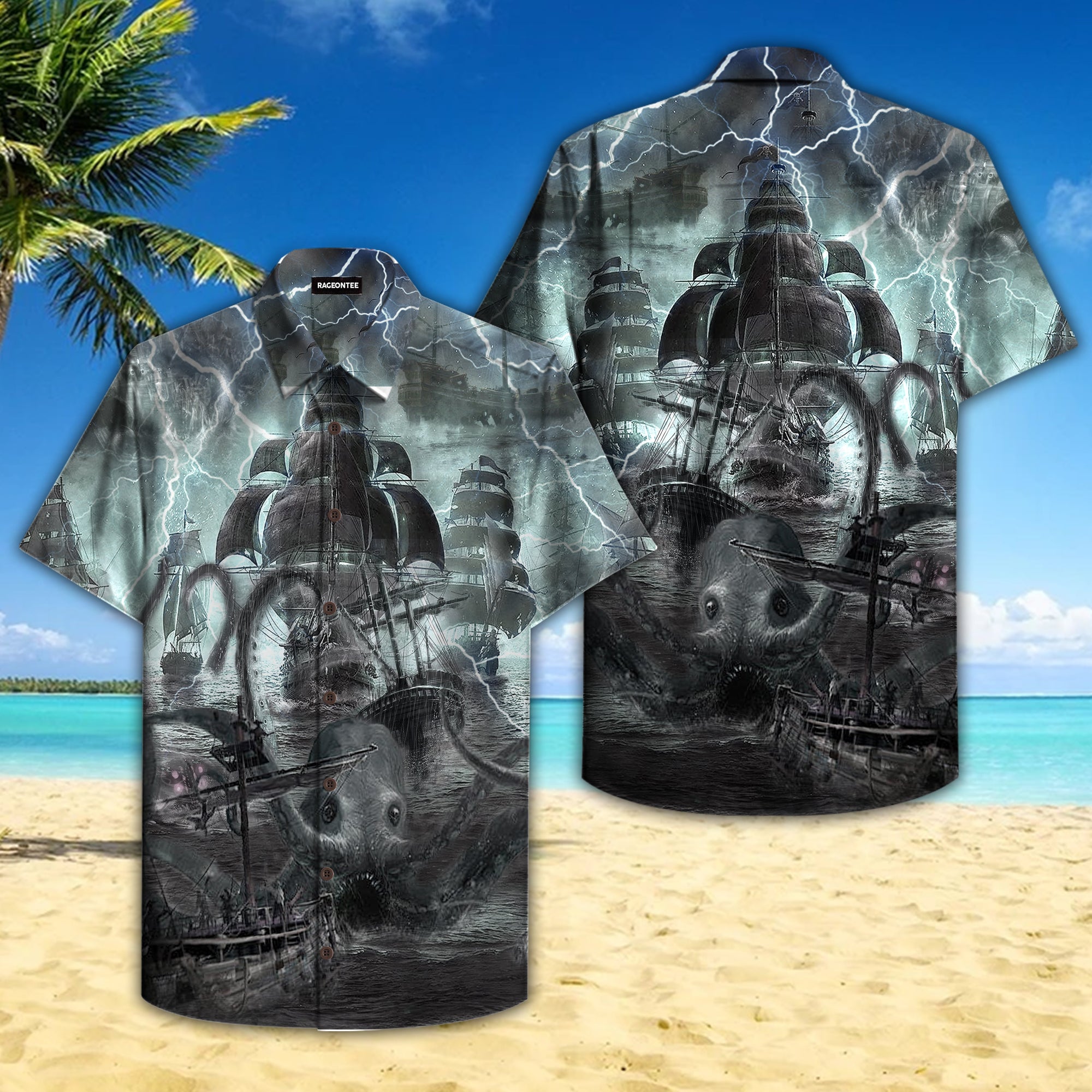 Sea Monster Attached Pirate Ship Hawaiian Shirt Pre10648