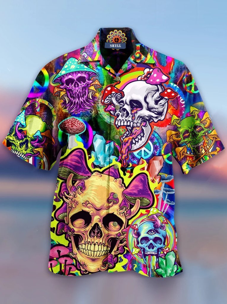 Skull Colorfull Printed Casual Abstract Hippie Style Hawaiian Shirt Pre11869