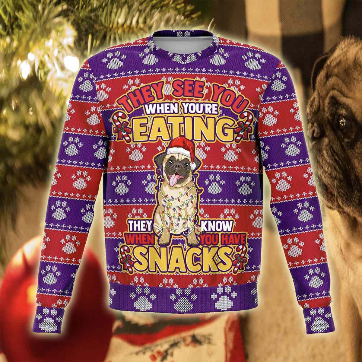 Adorable Pug Snacks 3D All Over Print Ugly Christmas Sweater Hoodie All Over Printed Cint10357