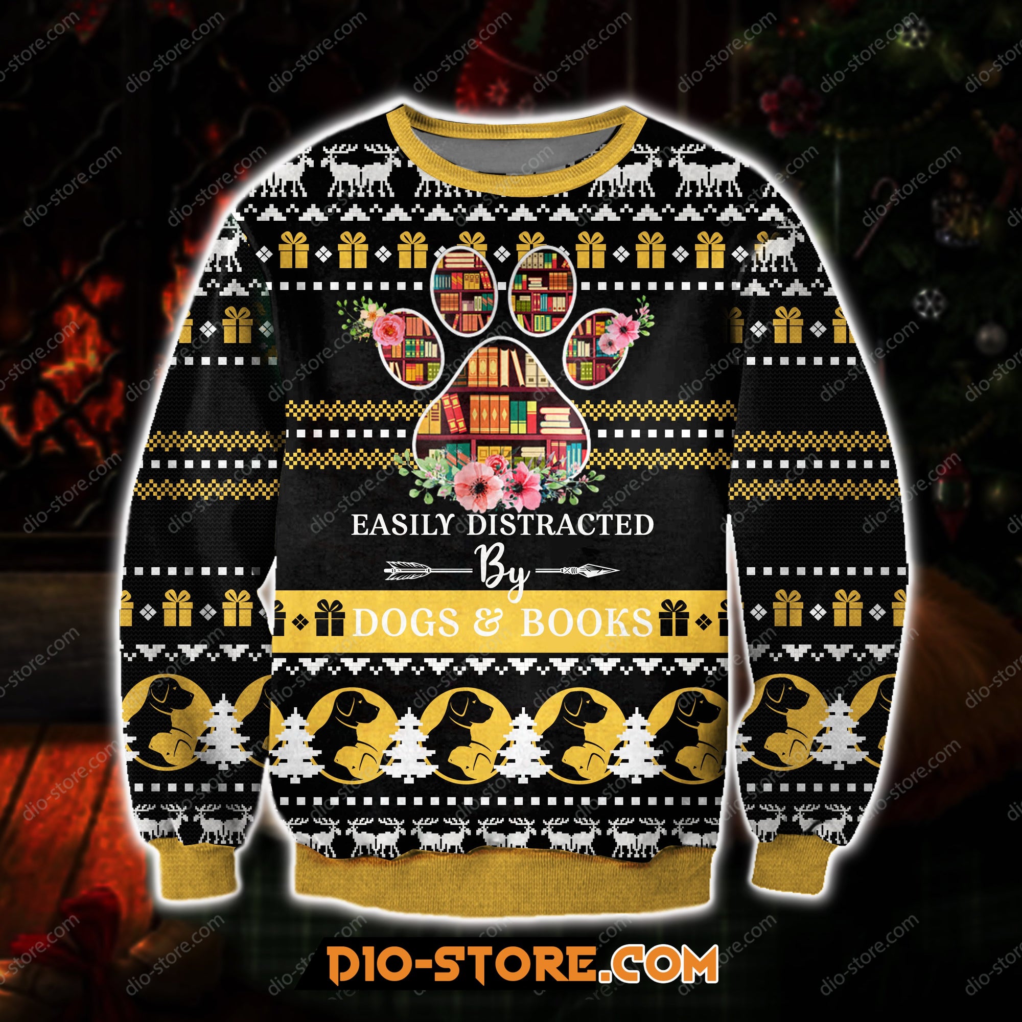 Easily Distracted By Dogs And Books 3D Print Ugly Christmas Sweater Hoodie All Over Printed Cint10143