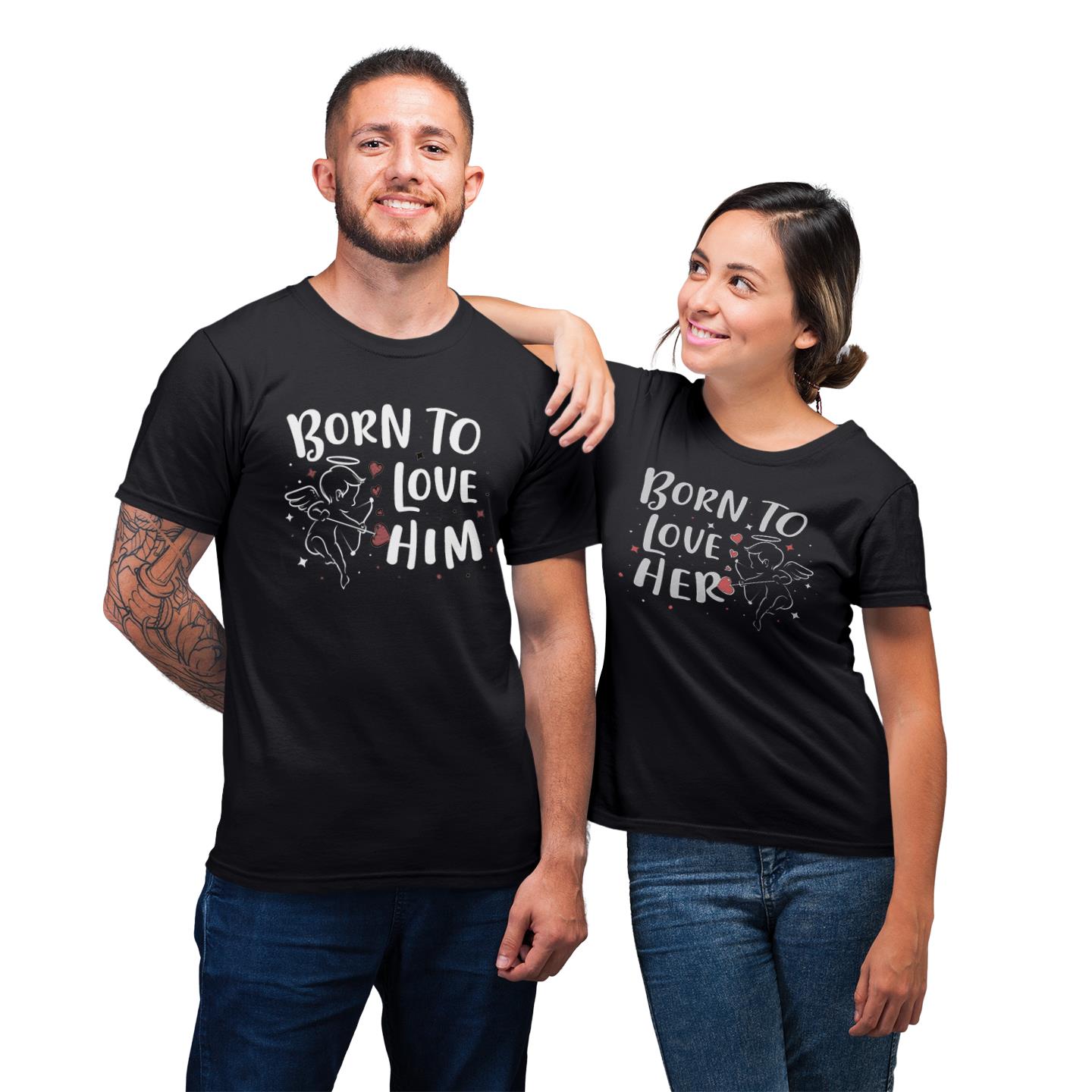 Born To Love Him Cupid Angel Shirt For Couples Lover Matching T-shirt