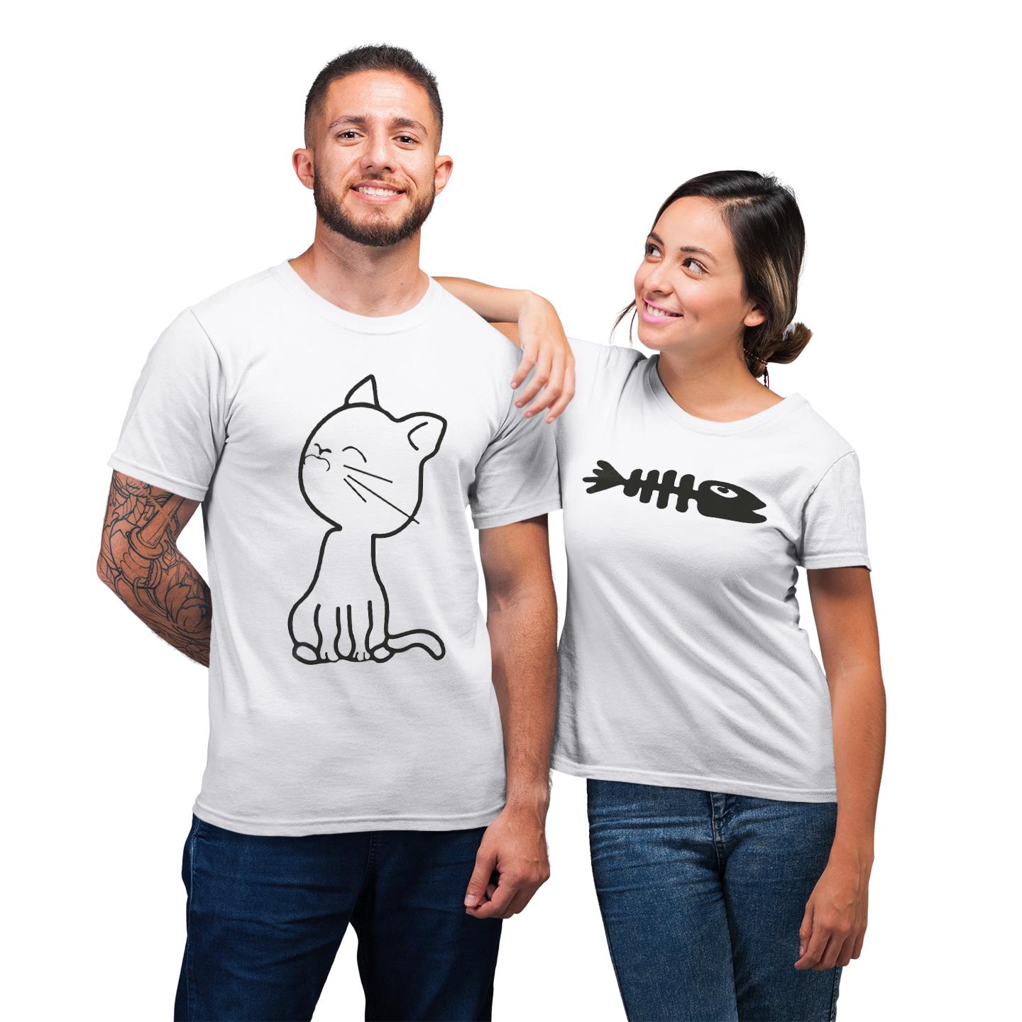 Cat and Fish Couple Cute Matching His And Hers Gift T- Shirt