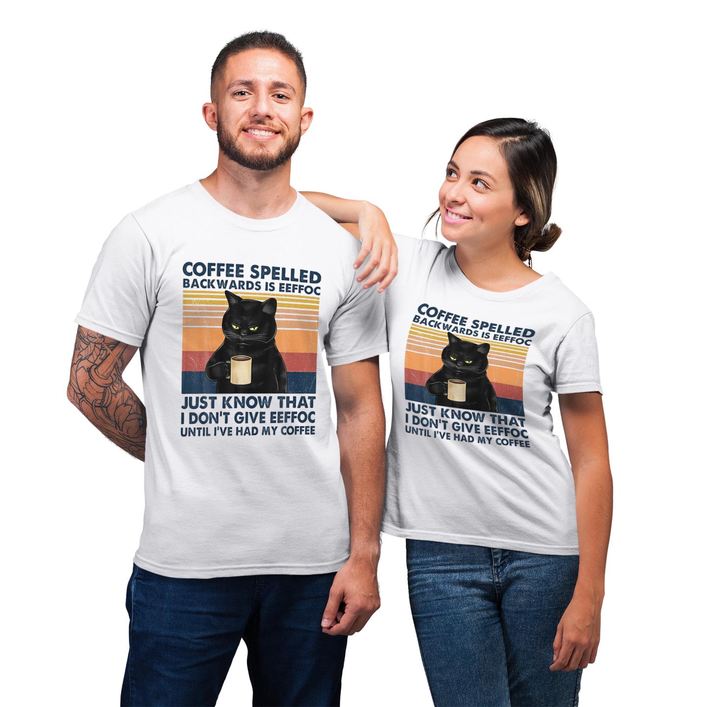 Coffee Spelled Backwards Is Eeffoc Cat Drinking For Couple Gift T-Shirt