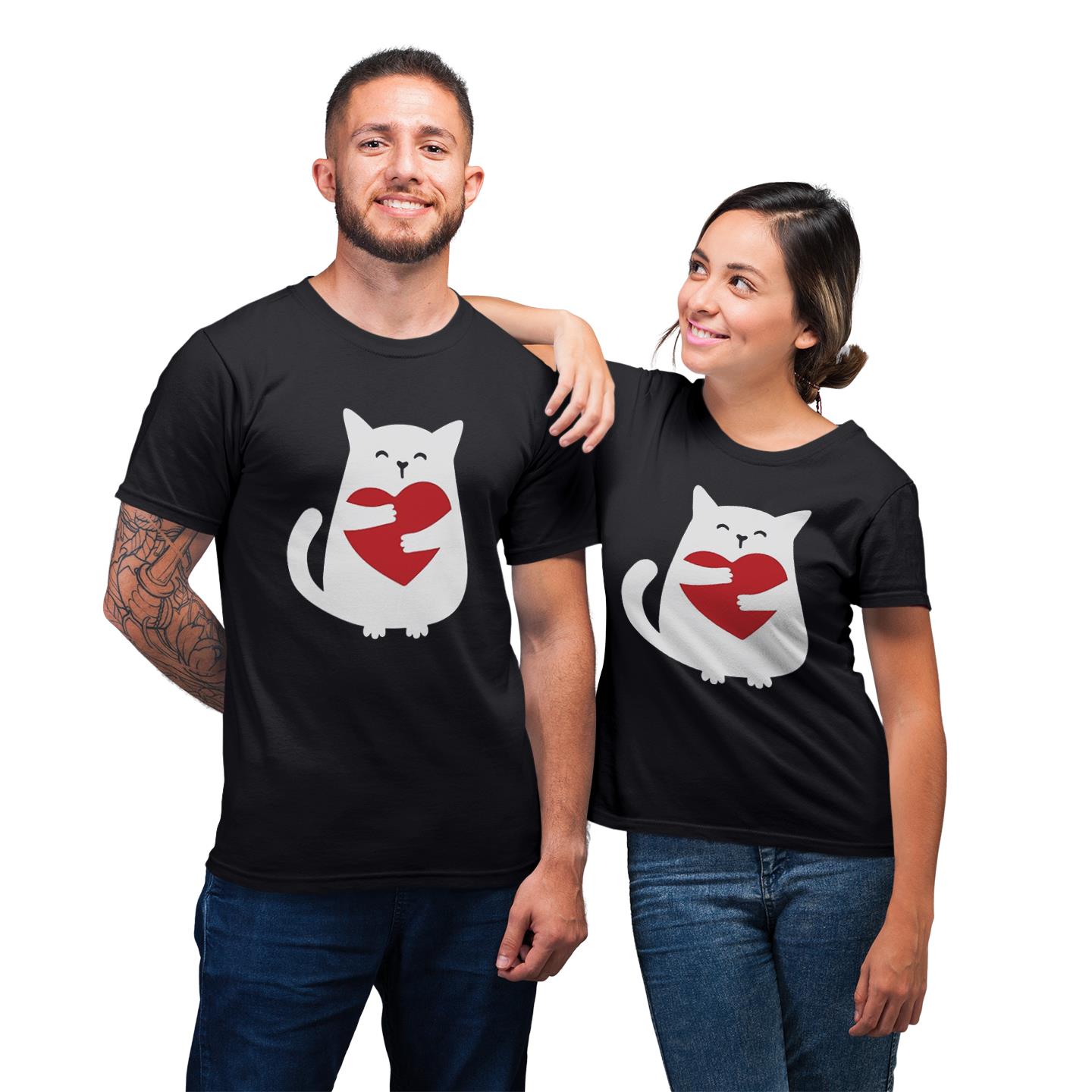 Cute Cat Hugging Heart Shirt For Couples Lover Matching T-shirt