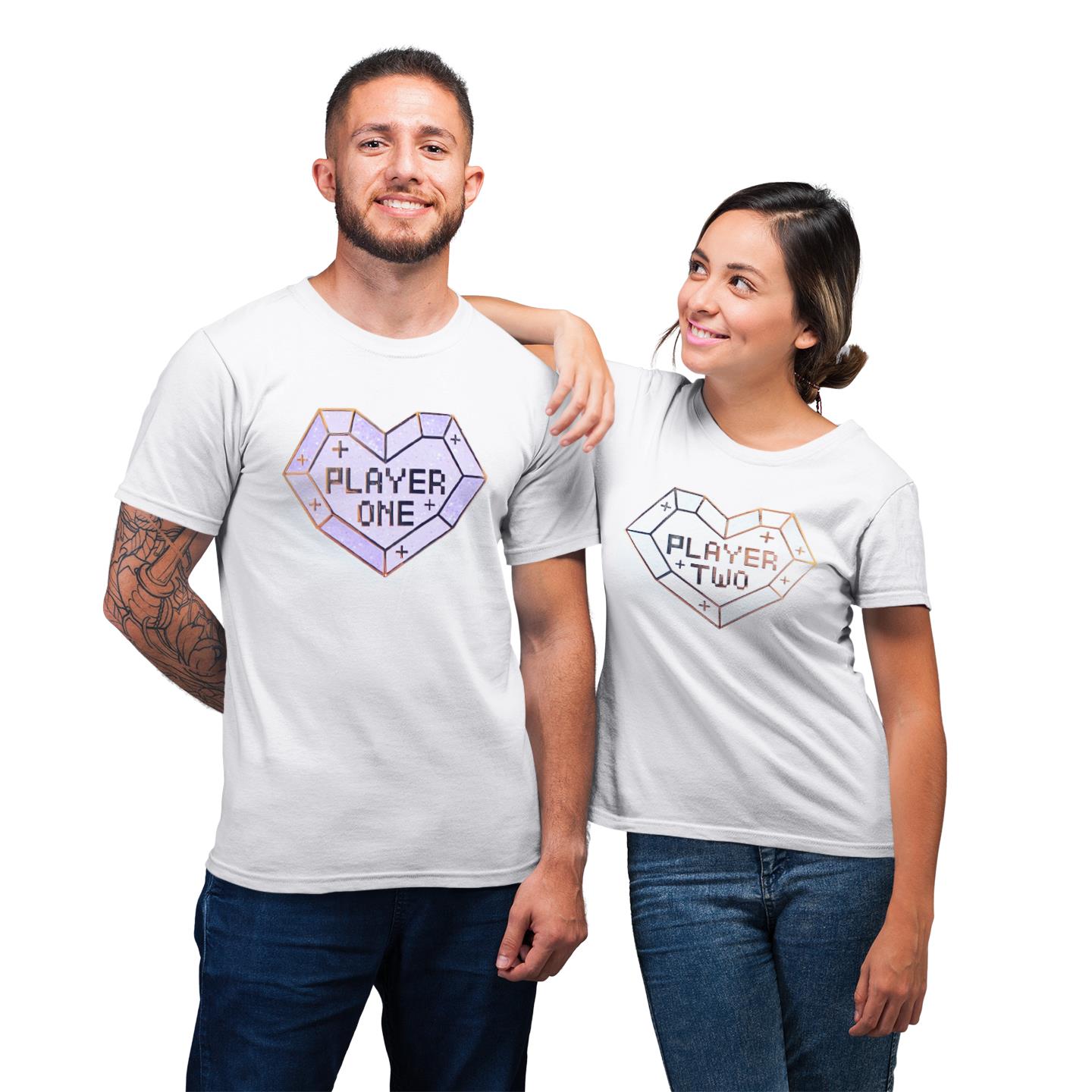 Dianmond Heart Player One Two Shirt For Couple Lover Matching T-shirt