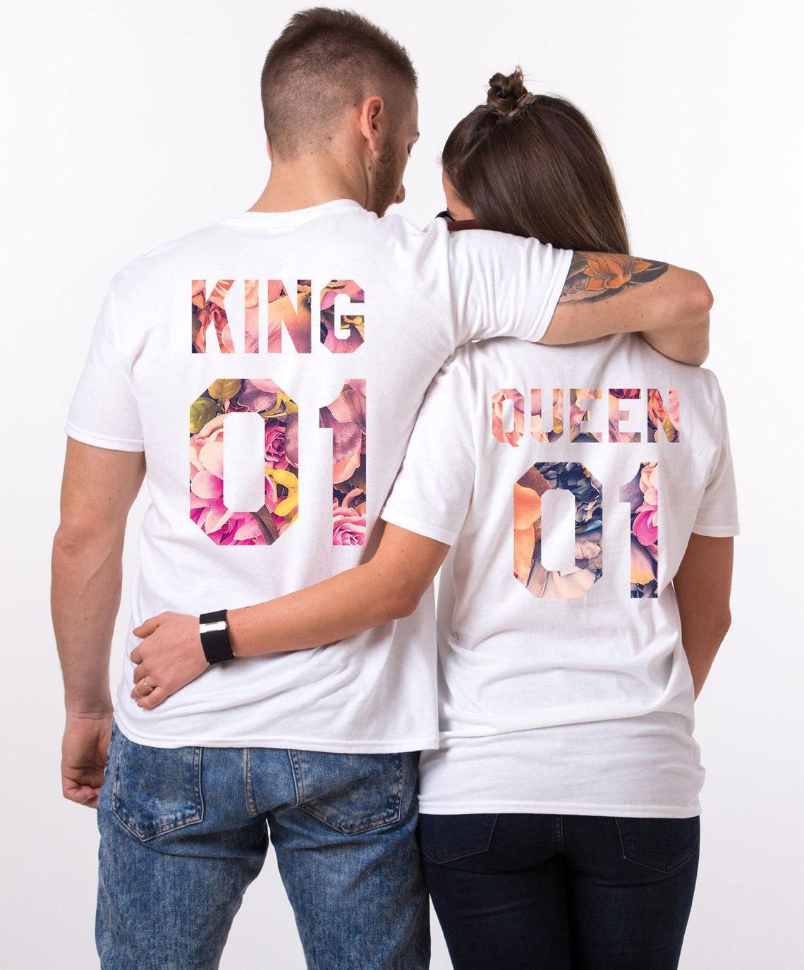 Floral King Queen His And Her Shirt For Couples Matching T-shirt funny ...