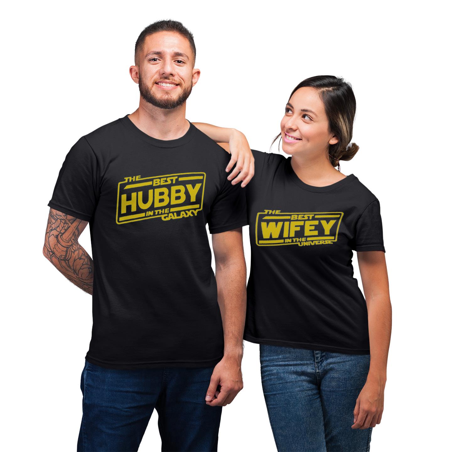 Funny Matching Couple Best Hubby Wife In The Galaxy Gift For Wedding Couple Husband Wife T-shirt