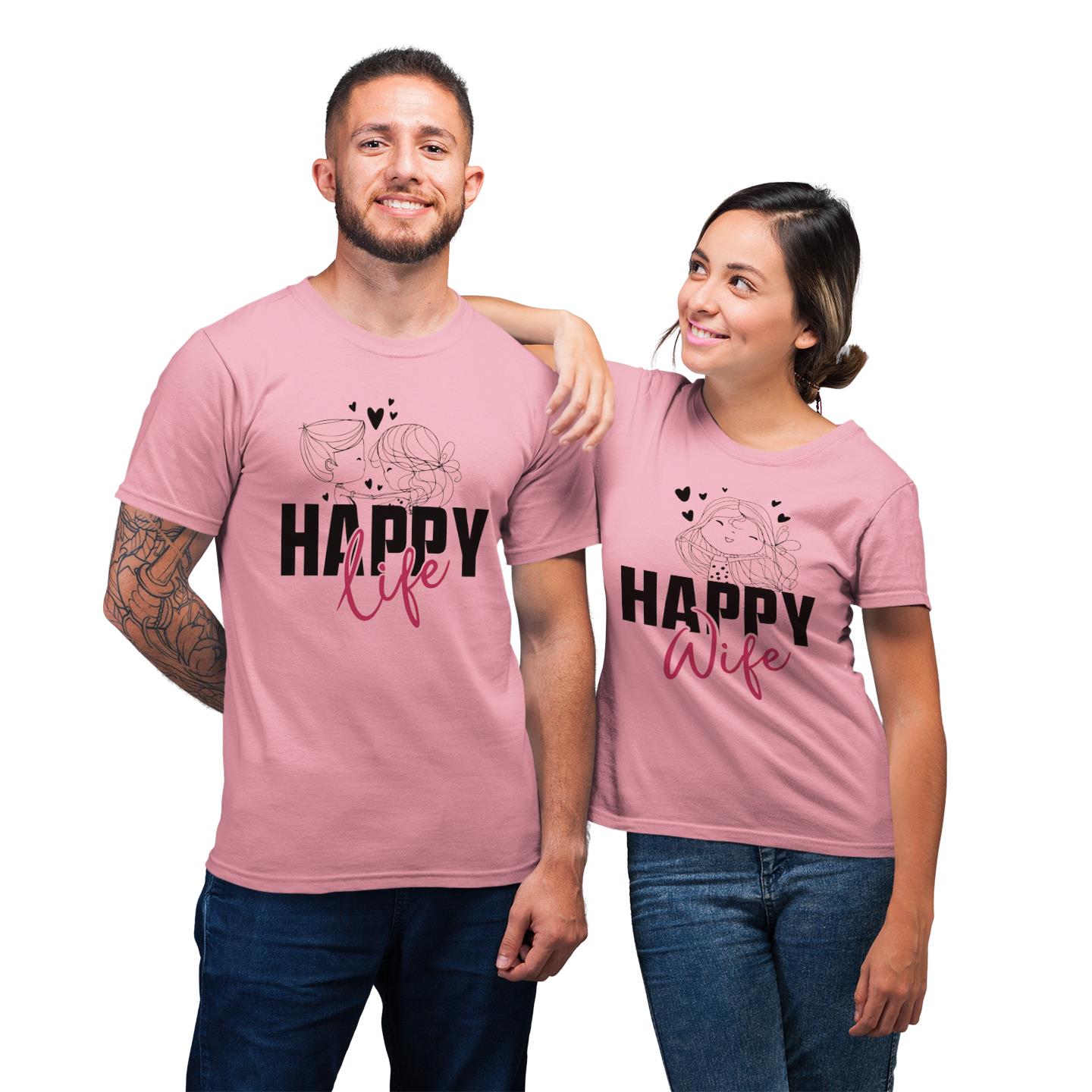 Happy Life Happy Wife Matching For Couple Husband And Wife Funny Wedding Gift T-Shirt