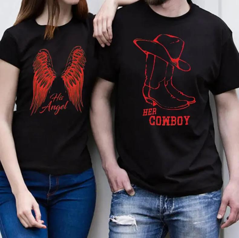 His Angel/Her Cowboy Couples T-Shirts  For Lovers
