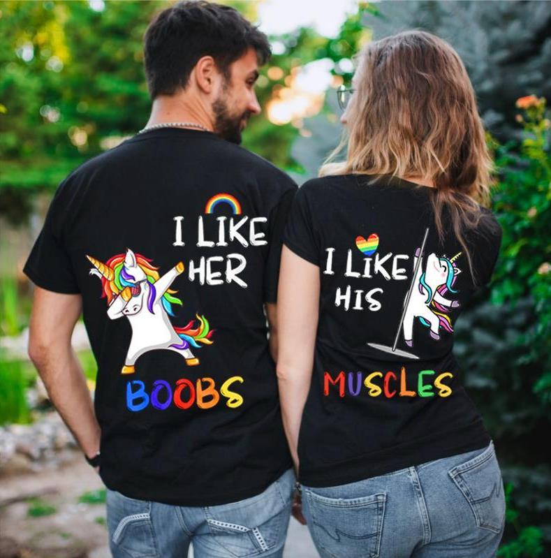 I Like Her Boobs/I Like His Muscles T- Shirt For Couples