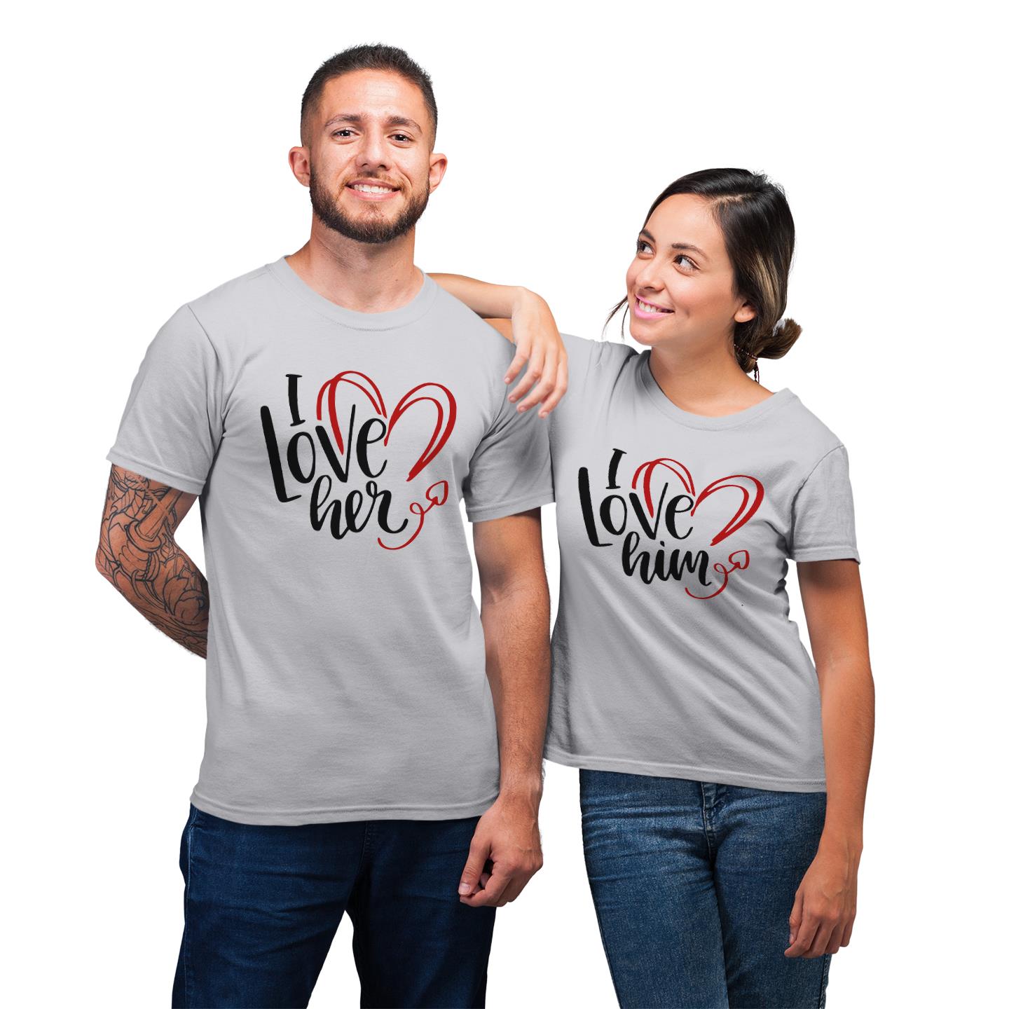 I Love Him I love Her Valentines Day Matching For Couples Hand Lettered Love Design Gift T-Shirt