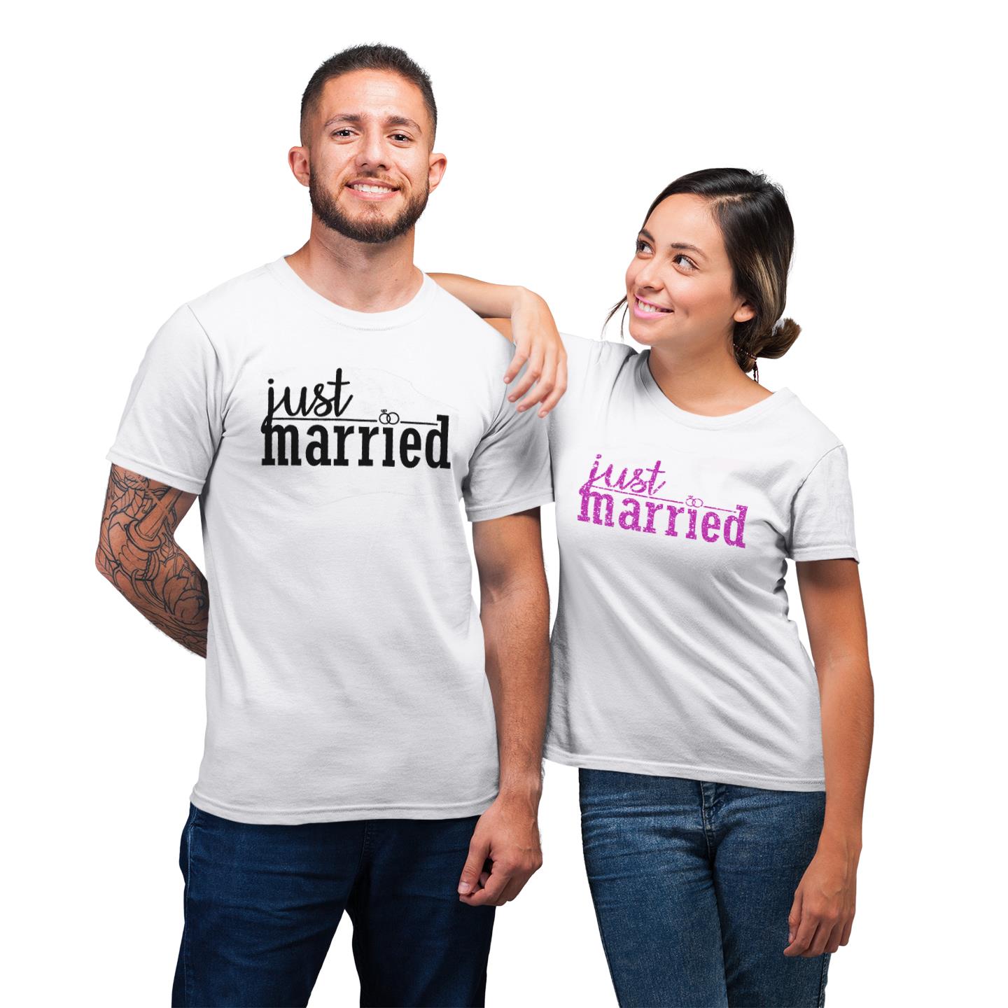 Matching Couple Just Married Honeymoon Newlywed Wedding Wife And Hubs Gift T-Shirt