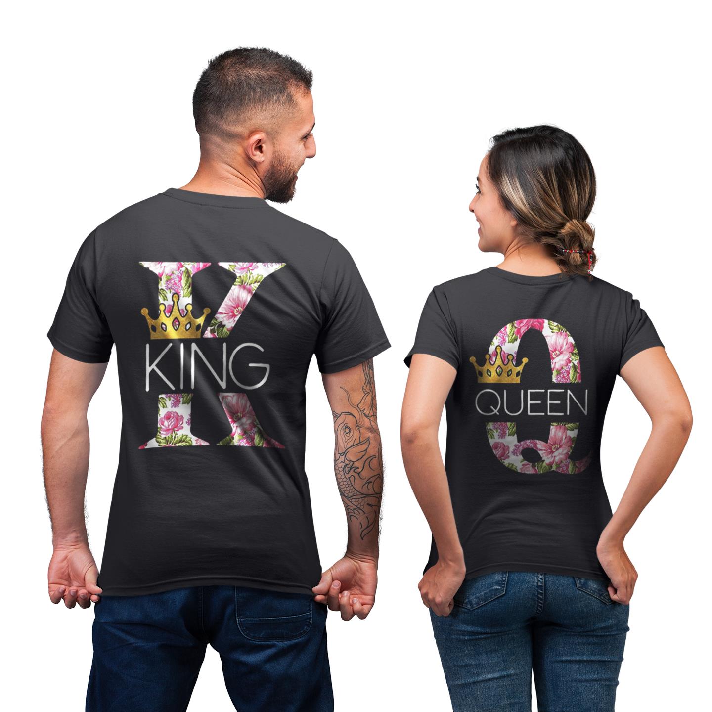 Matching Gift For Couple King And Queen Flower Style Print Back T-shirt