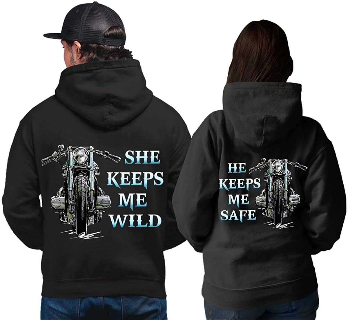 Motorcycle Couple She Keeps Me Wild Blue Sky Hoodie Gifts For Couple Lover Matching