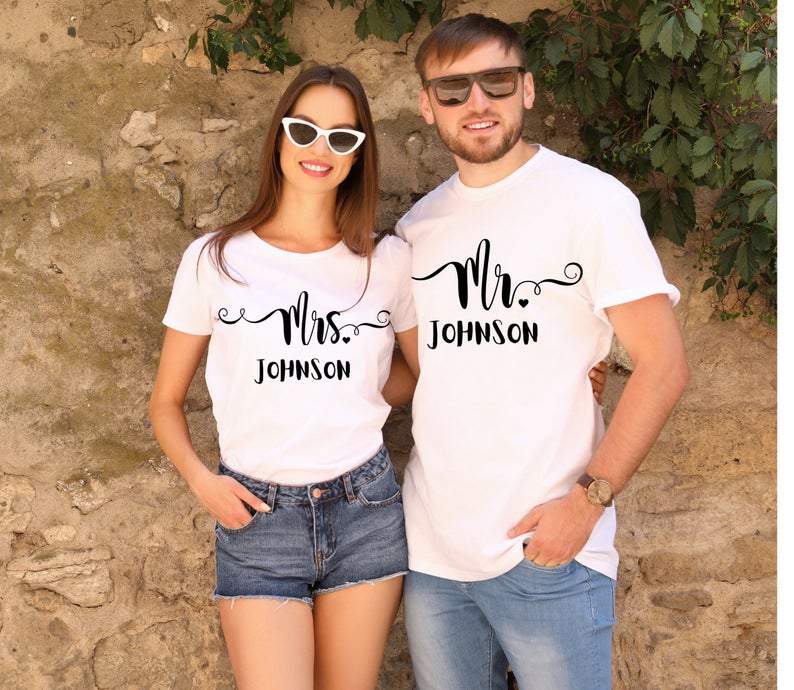 Mr and Mrs Custom Name Couple Matching Funny For His And Her Gift T-Shirt