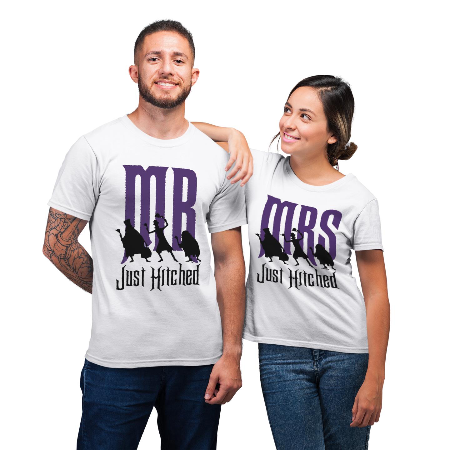Mr Mrs Just Hitched Funny Matching For Couple Gift T-Shirt