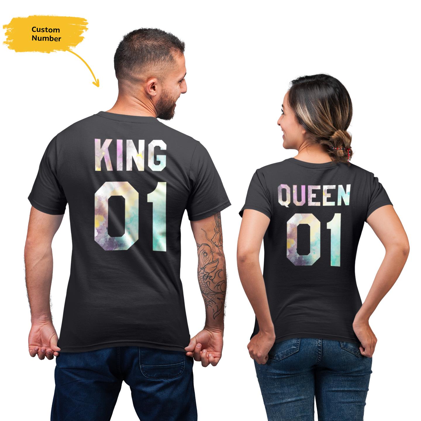 Personalized King Queen Watercolors T-Shirts Custom Number For Lover Couple Matching