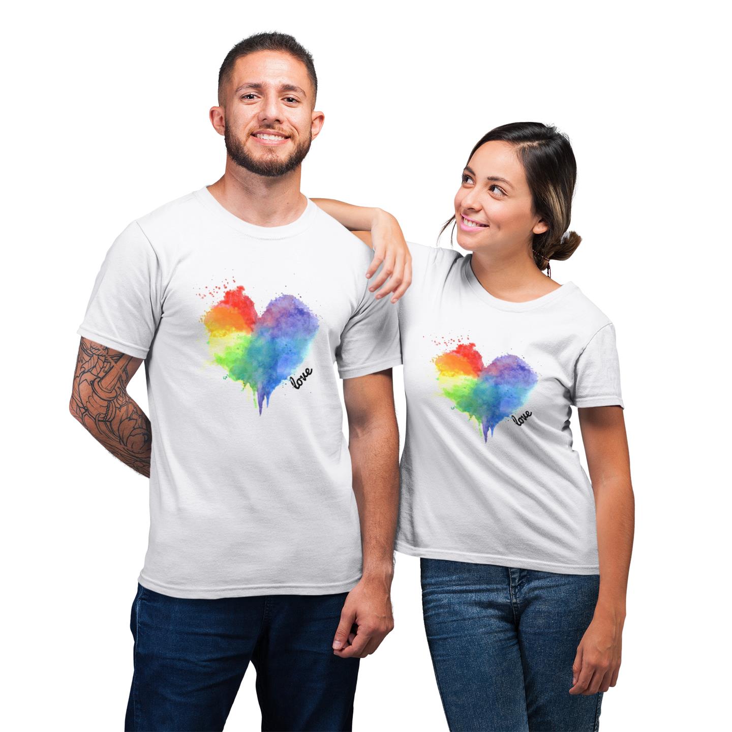 Rainbow Splatter Heart Logo Love  For Couple Gift T- Shirt