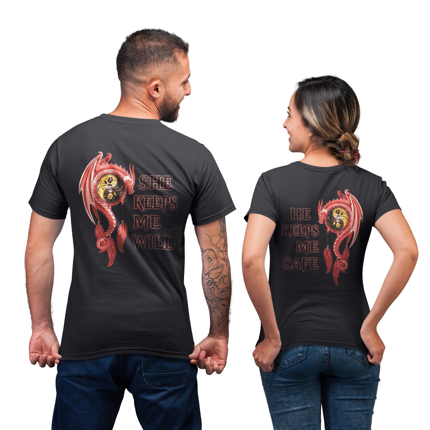 Red Dragon Couple Matching Flower She Keeps Me Wild He Keeps Me Safe Gift T-shirt