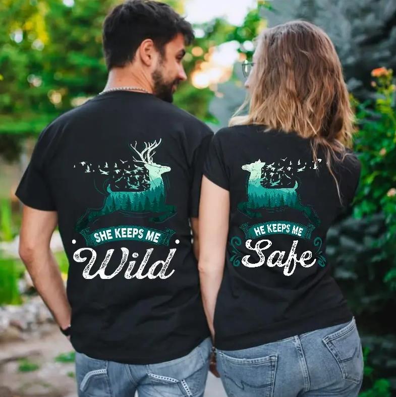 She Keeps Me Wild Elk Couples T-Shirts For Lovers