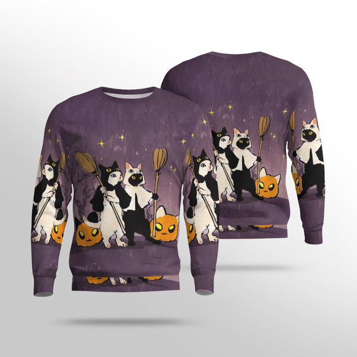 Funny Halloween Black And White Cats Witches Pumpcat 3D Aop Sweatshirt