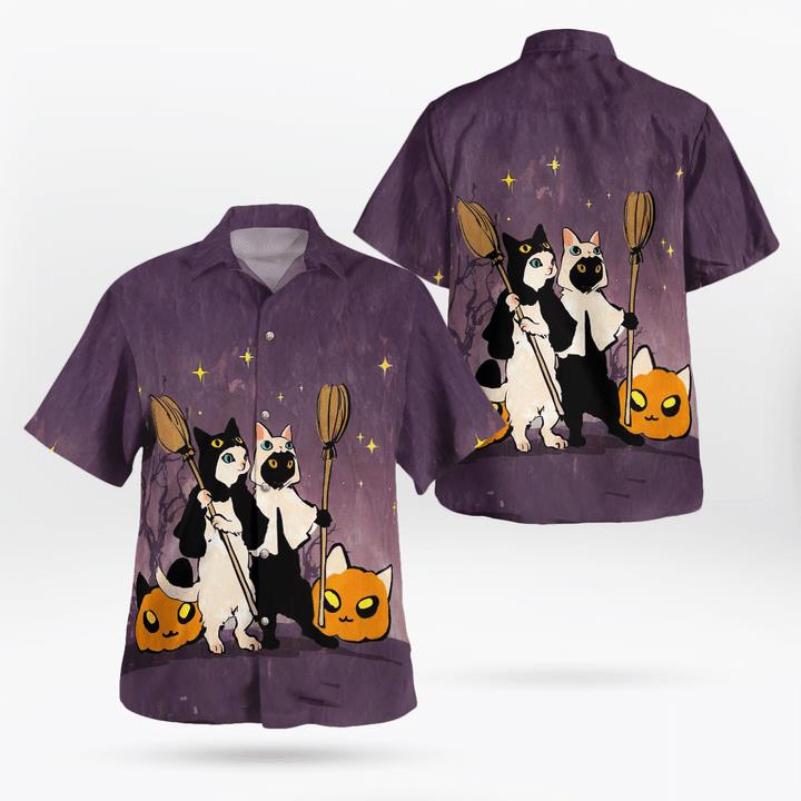 Funny Halloween Black And White Cats Witches Pumpcat 3D Hawaii Shirt
