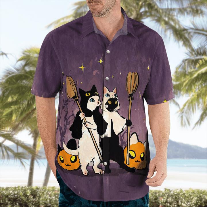 Funny Halloween Black And White Cats Witches Pumpcat 3D Hawaii Shirt 1