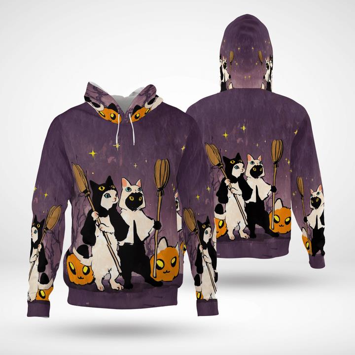 Funny Halloween Black And White Cats Witches Pumpcat 3D Hoodies