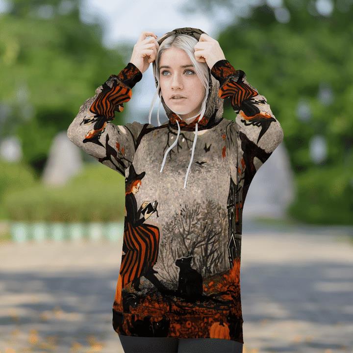 Halloween Night Black Cats And Little Witch Pumpkin 3D Hoodies 1
