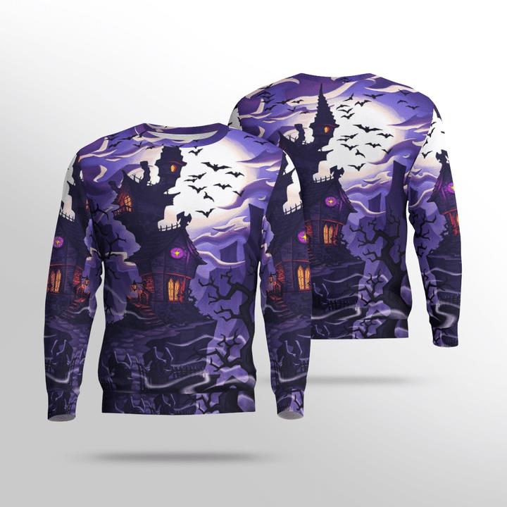 Haunted House At Full Moon Night Bat Rising Spooky 3D Aop Sweatshirt