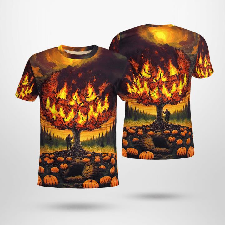 Scary Burning Tree Smiling Spooky Pumpkin Halloween 3D T-Shirt