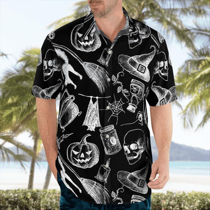 Scary Symbols Halloween Witch Pumpkin Black 3D Hawaii Shirt 1