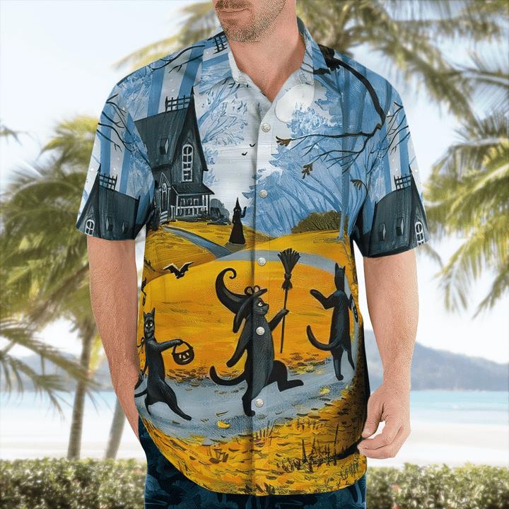 Trick Or Treat Parade Of Black Cat Witch Spooky Halloween 3D Hawaii Shirt 1