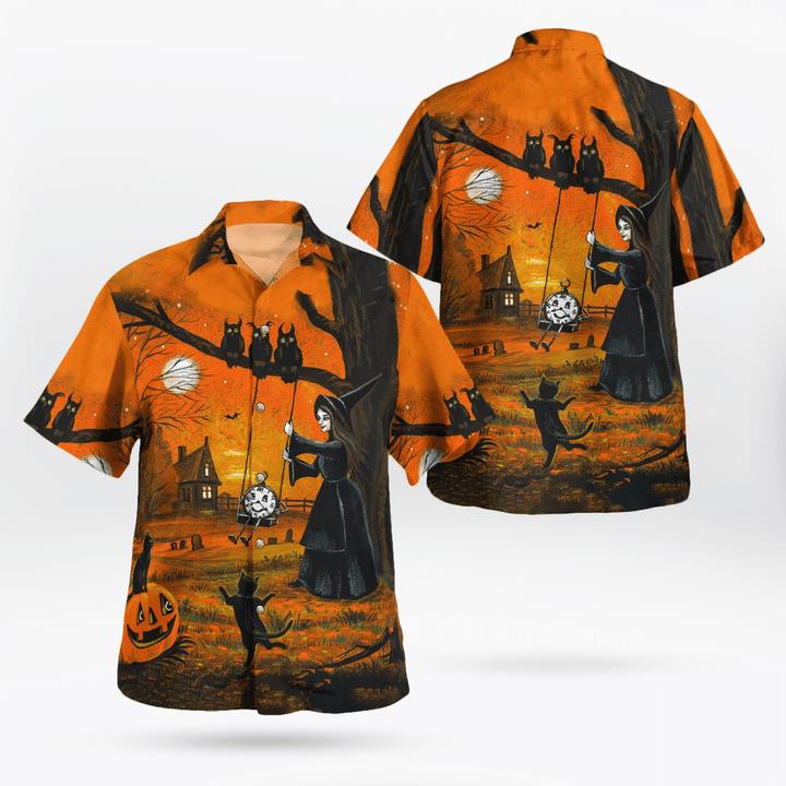Witch And Black Cats Owls Halloween Twilight Spooky 3D Hawaii Shirt
