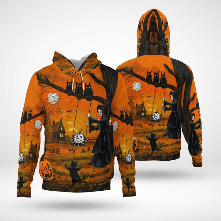 Witch And Black Cats Owls Halloween Twilight Spooky 3D Hoodies