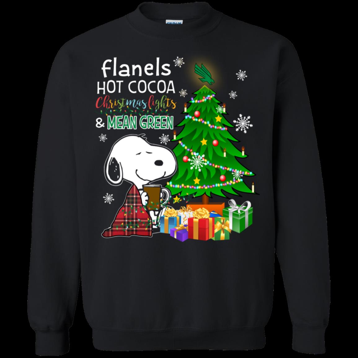North Texas Mean Green Snoopy Ugly Christmas Sweater Flanels Hot Cocoa
