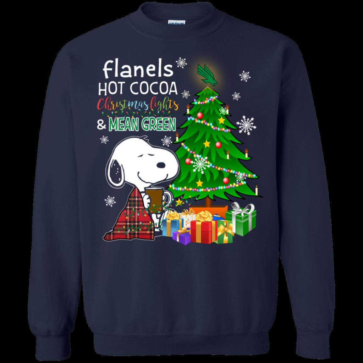 North Texas Mean Green Snoopy Ugly Christmas Sweater Flanels Hot Cocoa 1