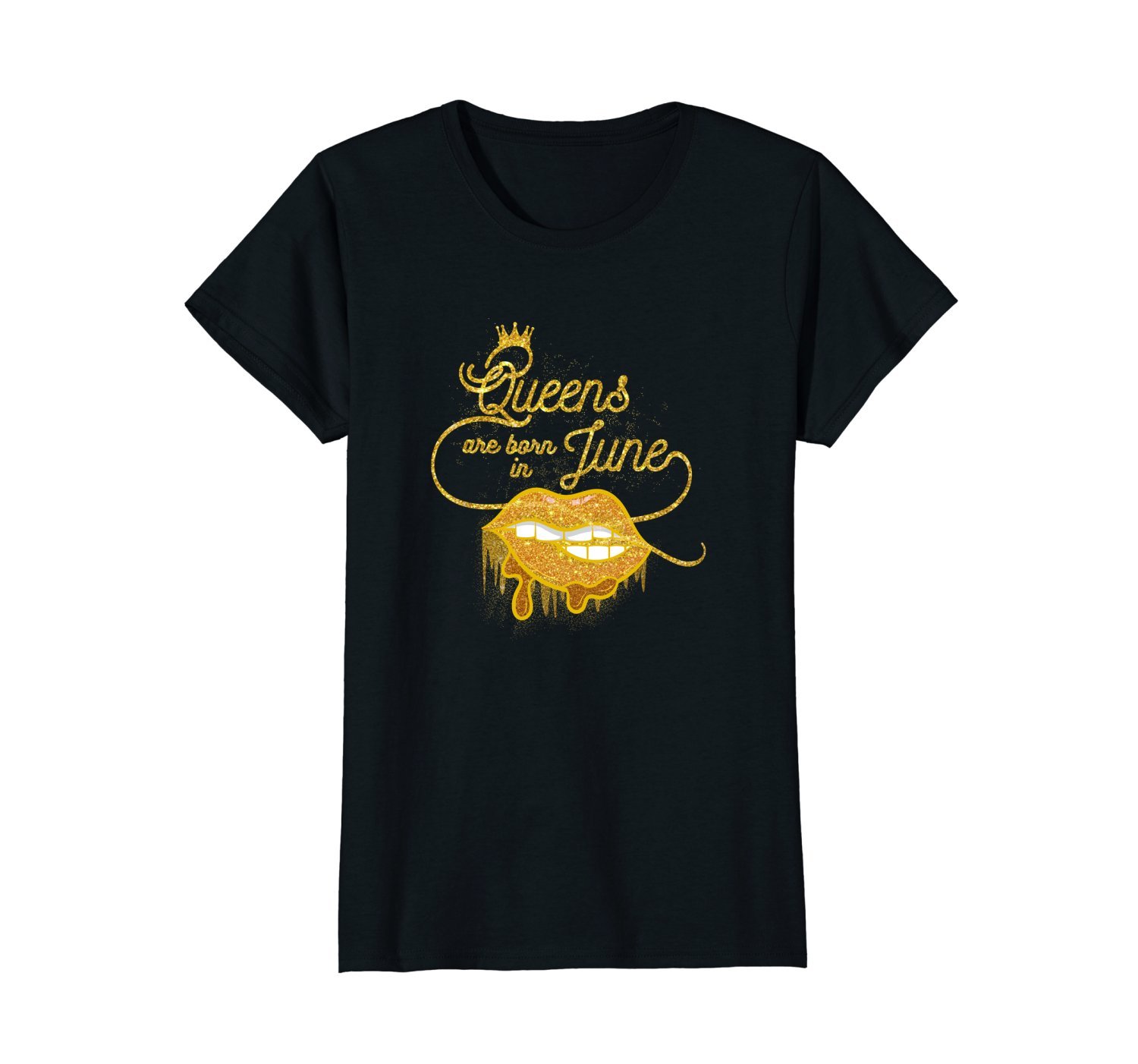 Womens Glitter Happy Birthday June Queen T-Shirt Gold Lips Tee
