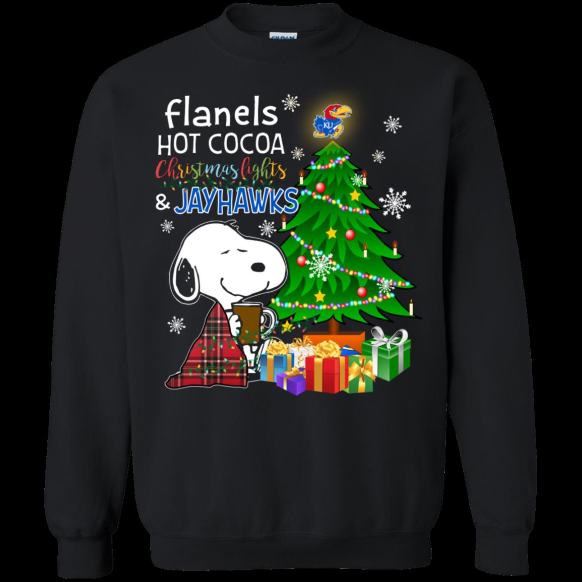 Kansas Jayhawks Snoopy Ugly Christmas Sweater Flanels Hot Cocoa
